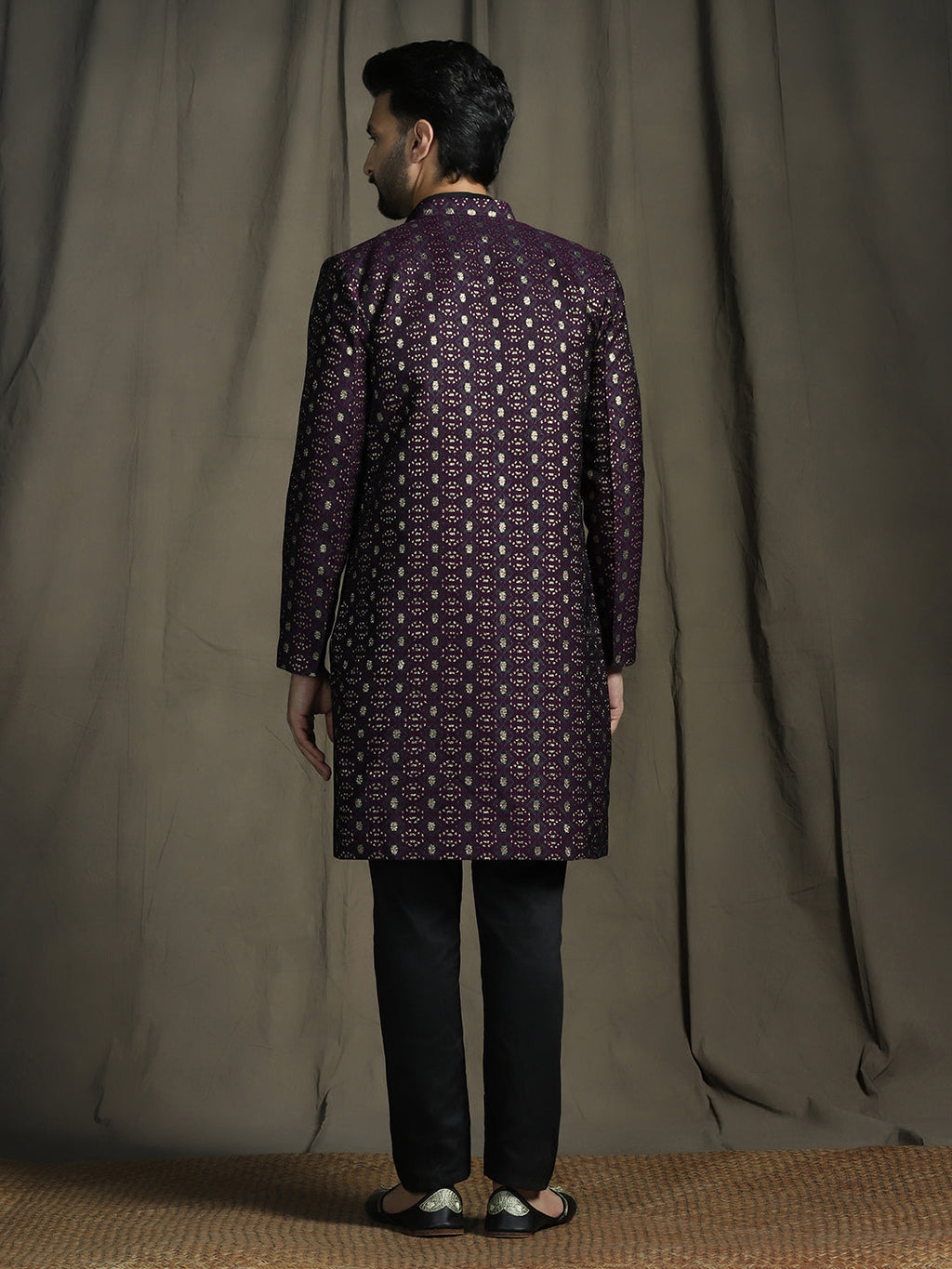 Zavaya Purple Embroidery Jacquard Kurta Sherwani Pyjama Set for Men | Grocsy