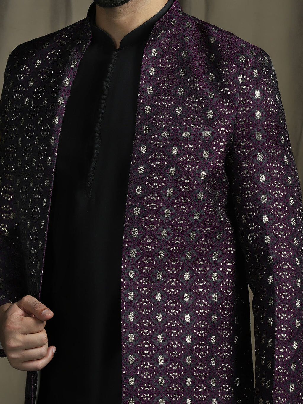 Zavaya Purple Embroidery Jacquard Kurta Sherwani Pyjama Set for Men | Grocsy