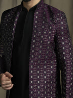 Zavaya Purple Embroidery Jacquard Kurta Sherwani Pyjama Set for Men | Grocsy