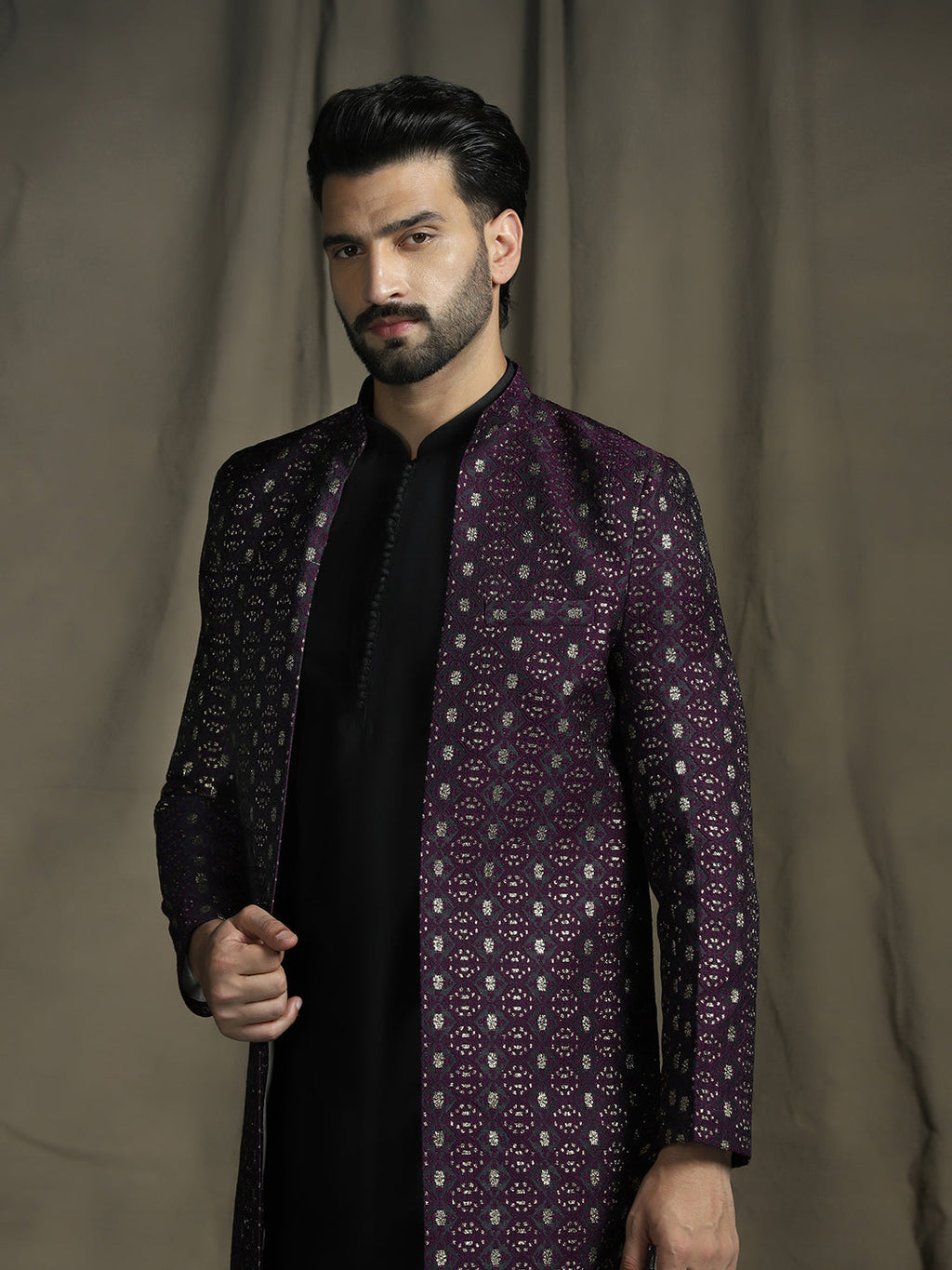 Zavaya Purple Embroidery Jacquard Kurta Sherwani Pyjama Set for Men | Grocsy