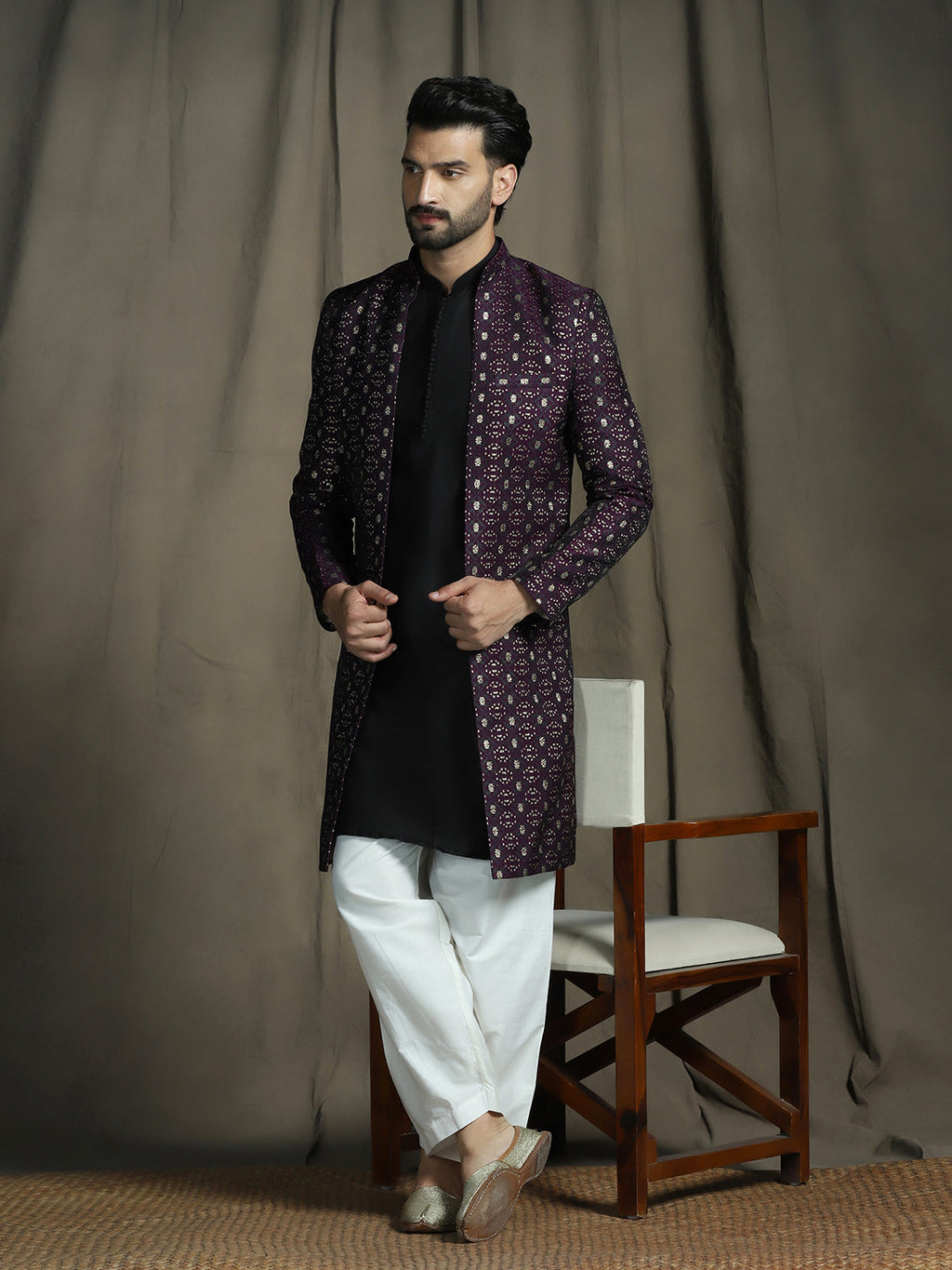 Zavaya Purple Embroidery Jacquard Kurta Sherwani Patiala Set for Men | Grocsy