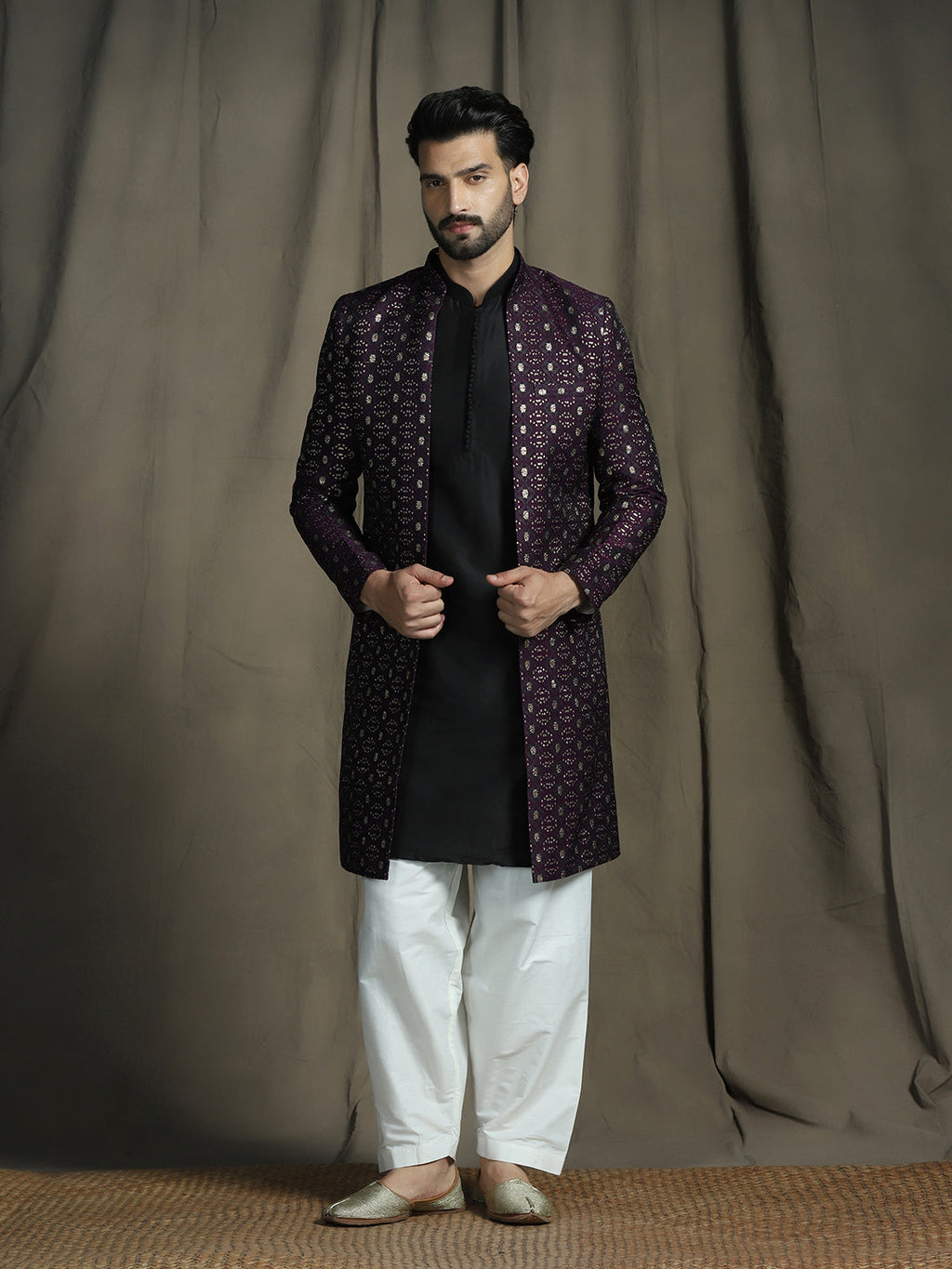 Zavaya Purple Embroidery Jacquard Kurta Sherwani Patiala Set for Men | Grocsy