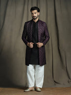 Zavaya Purple Embroidery Jacquard Kurta Sherwani Patiala Set for Men | Grocsy