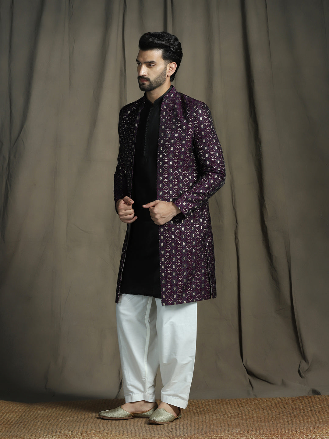 Zavaya Purple Embroidery Jacquard Kurta Sherwani Patiala Set for Men | Grocsy
