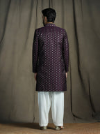 Zavaya Purple Embroidery Jacquard Kurta Sherwani Patiala Set for Men | Grocsy