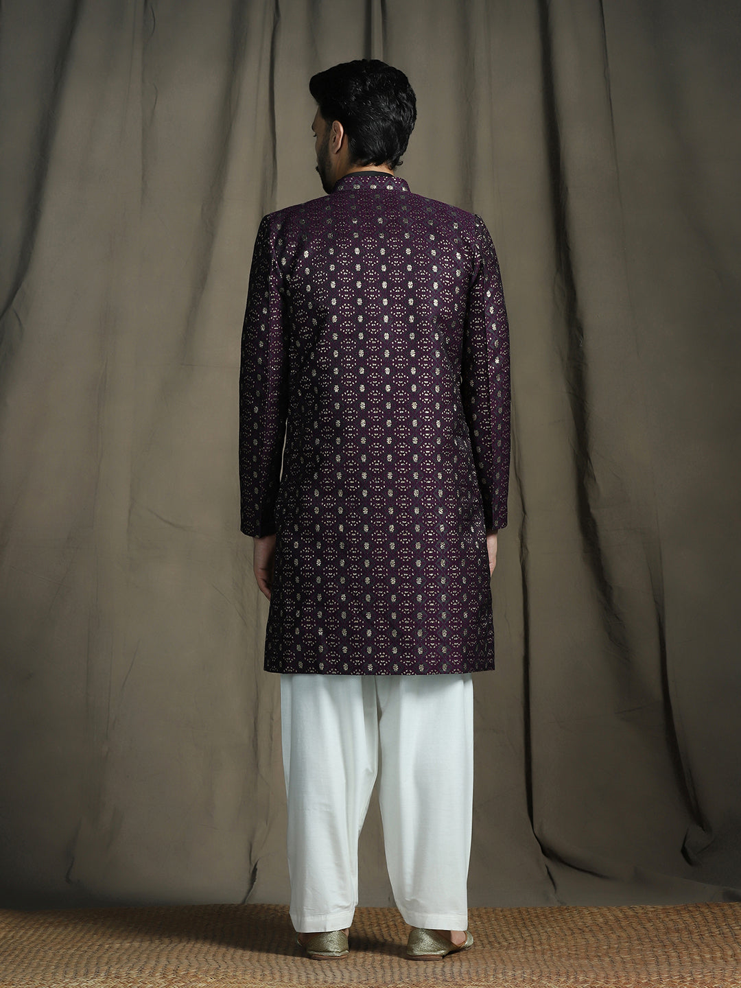 Zavaya Purple Embroidery Jacquard Kurta Sherwani Patiala Set for Men | Grocsy