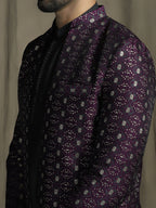 Zavaya Purple Embroidery Jacquard Kurta Sherwani Patiala Set for Men | Grocsy