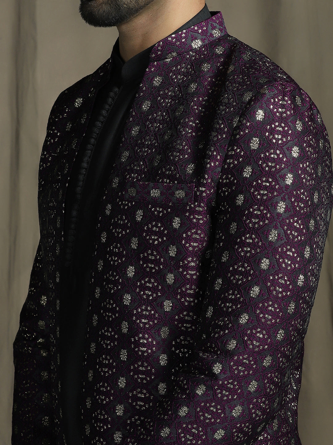 Zavaya Purple Embroidery Jacquard Kurta Sherwani Patiala Set for Men | Grocsy