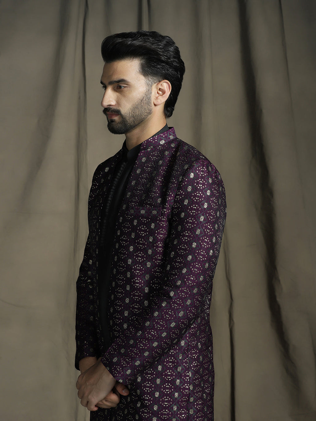 Zavaya Purple Embroidery Jacquard Kurta Sherwani Patiala Set for Men | Grocsy