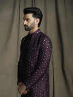 Zavaya Purple Embroidery Jacquard Kurta Sherwani Patiala Set for Men | Grocsy