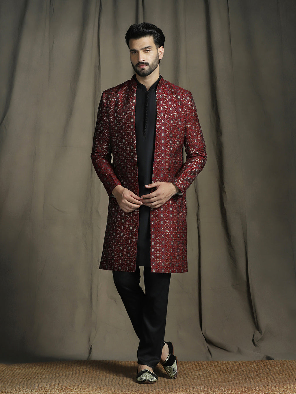 Zavaya Maroon Embroidery Jacquard Kurta Sherwani Pyjama Set for Men | Grocsy