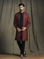 Zavaya Maroon Embroidery Jacquard Kurta Sherwani Pyjama Set for Men | Grocsy