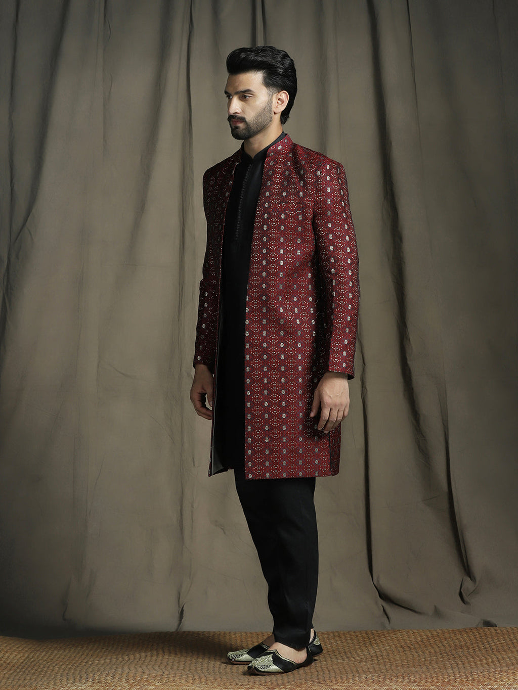 Zavaya Maroon Embroidery Jacquard Kurta Sherwani Pyjama Set for Men | Grocsy