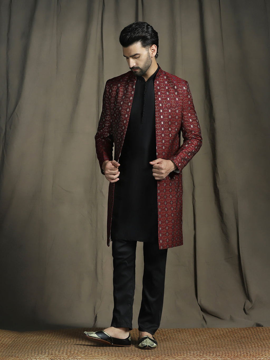 Zavaya Maroon Embroidery Jacquard Kurta Sherwani Pyjama Set for Men | Grocsy