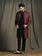 Zavaya Maroon Embroidery Jacquard Kurta Sherwani Pyjama Set for Men | Grocsy