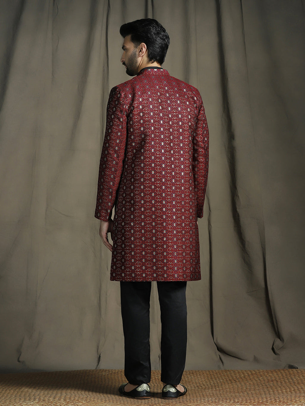 Zavaya Maroon Embroidery Jacquard Kurta Sherwani Pyjama Set for Men | Grocsy