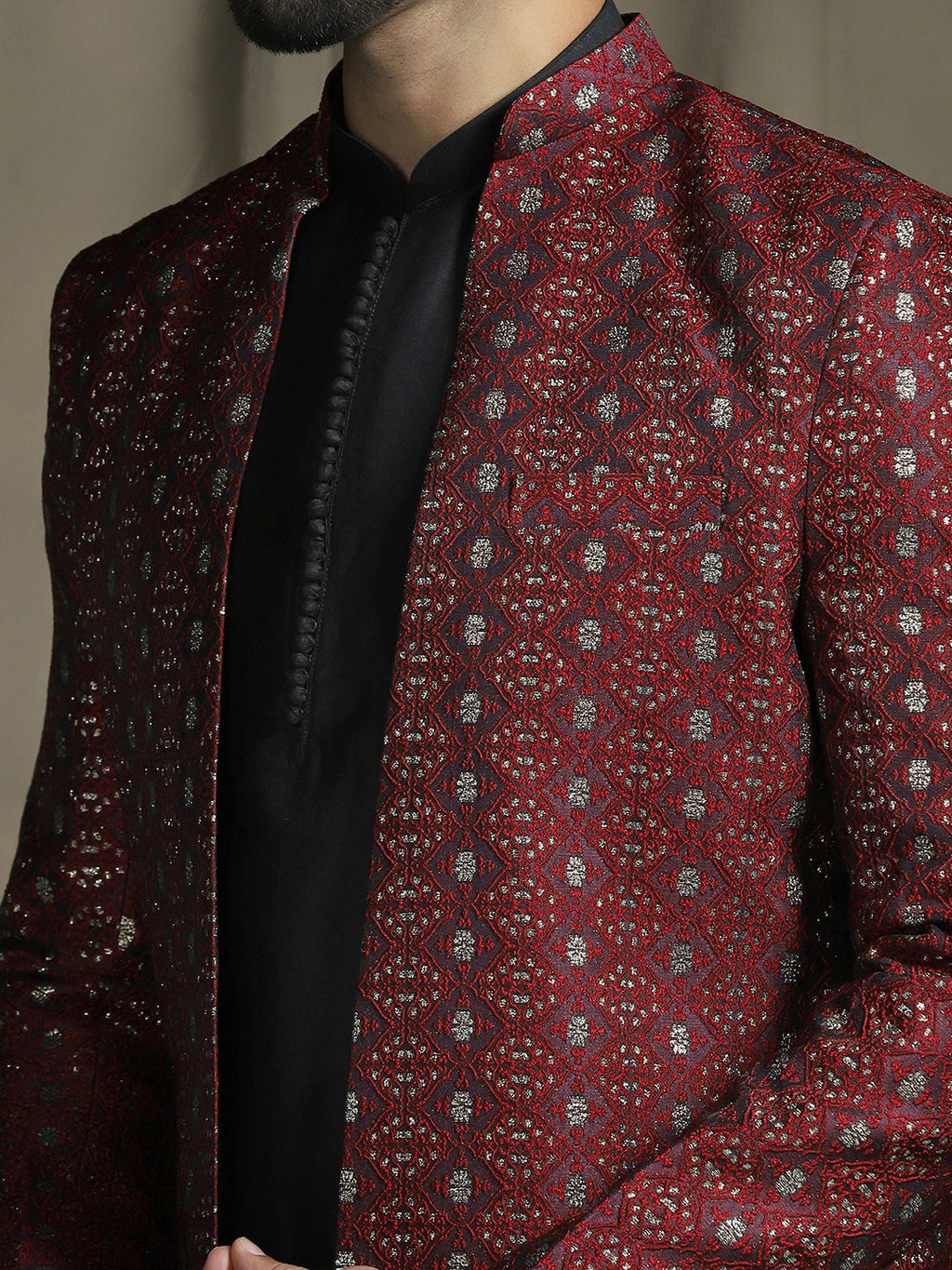 Zavaya Maroon Embroidery Jacquard Kurta Sherwani Pyjama Set for Men | Grocsy