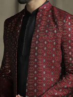 Zavaya Maroon Embroidery Jacquard Kurta Sherwani Pyjama Set for Men | Grocsy