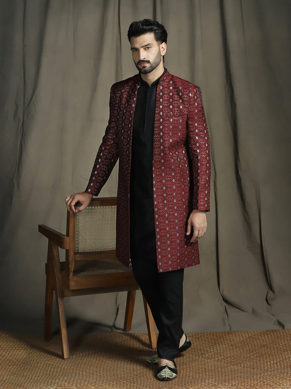 Zavaya Maroon Embroidery Jacquard Kurta Sherwani Pyjama Set for Men | Grocsy