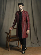 Zavaya Maroon Embroidery Jacquard Kurta Sherwani Pyjama Set for Men | Grocsy