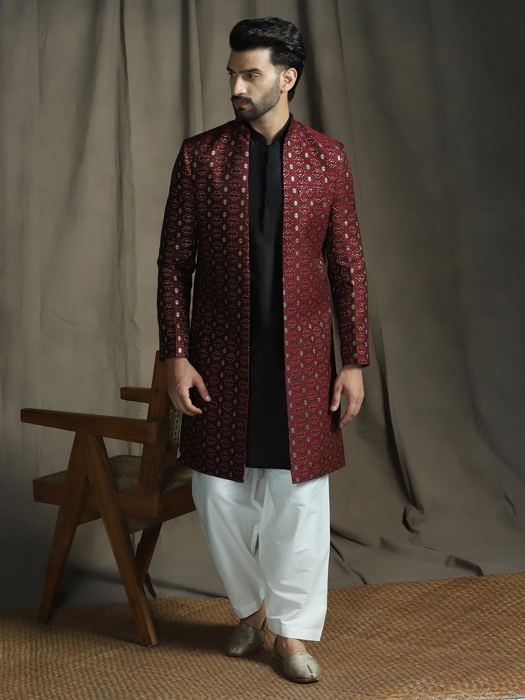 Zavaya Maroon Embroidery Jacquard Kurta Sherwani Patiala Set for Men | Grocsy