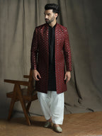Zavaya Maroon Embroidery Jacquard Kurta Sherwani Patiala Set for Men | Grocsy