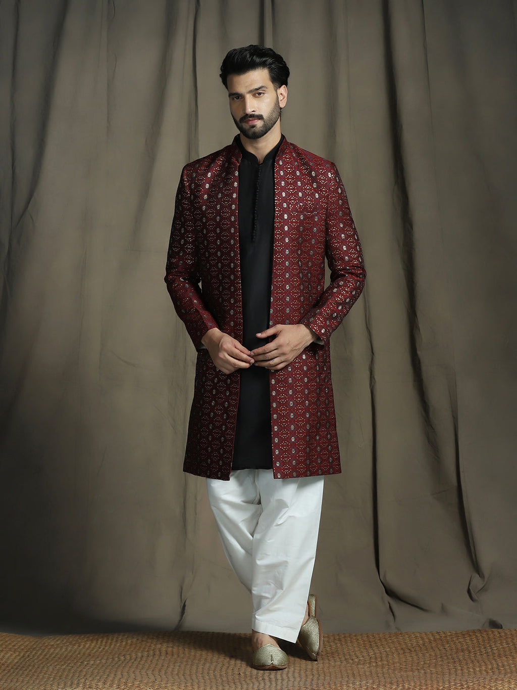 Zavaya Maroon Embroidery Jacquard Kurta Sherwani Patiala Set for Men | Grocsy