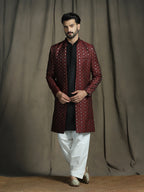 Zavaya Maroon Embroidery Jacquard Kurta Sherwani Patiala Set for Men | Grocsy