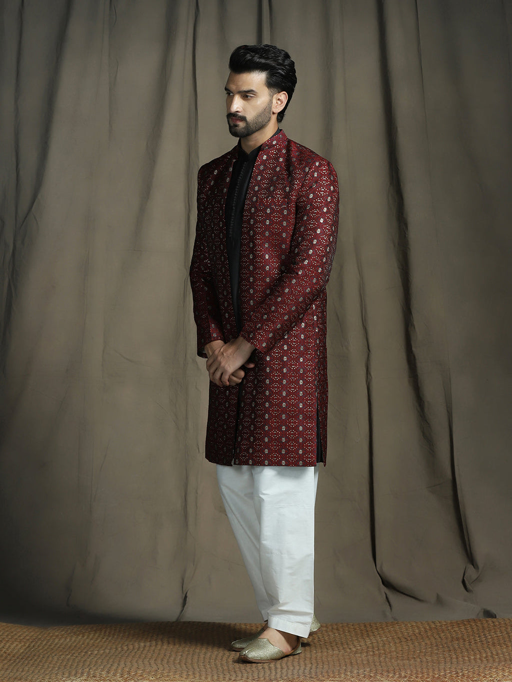 Zavaya Maroon Embroidery Jacquard Kurta Sherwani Patiala Set for Men | Grocsy