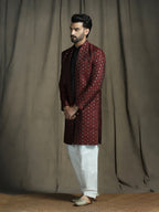 Zavaya Maroon Embroidery Jacquard Kurta Sherwani Patiala Set for Men | Grocsy