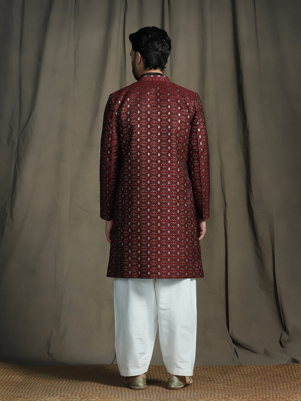 Zavaya Maroon Embroidery Jacquard Kurta Sherwani Patiala Set for Men | Grocsy