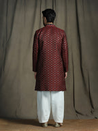 Zavaya Maroon Embroidery Jacquard Kurta Sherwani Patiala Set for Men | Grocsy