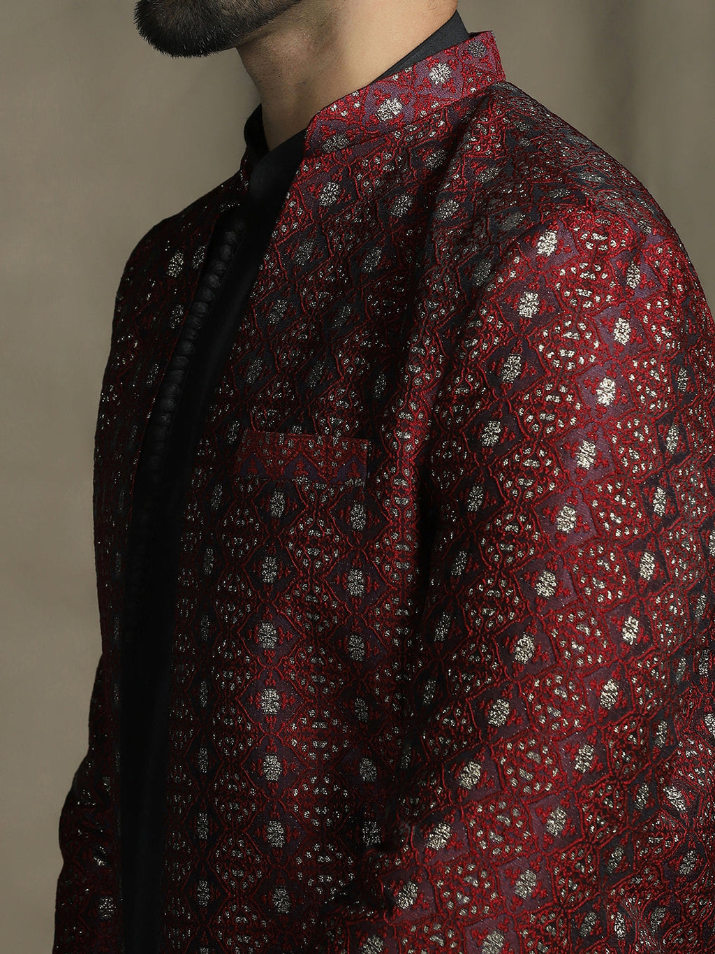 Zavaya Maroon Embroidery Jacquard Kurta Sherwani Patiala Set for Men | Grocsy