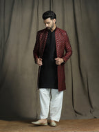 Zavaya Maroon Embroidery Jacquard Kurta Sherwani Patiala Set for Men | Grocsy