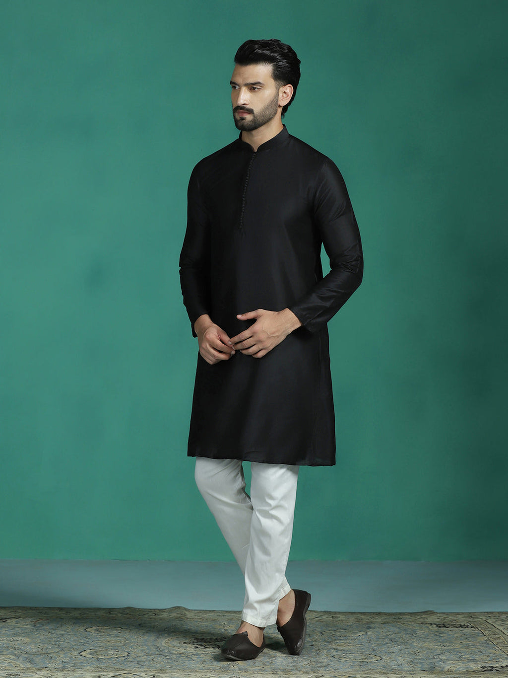 Zavaya Black Plain Polyester Viscose Kurta Pyjama Set for Men | Grocsy