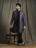 Zavaya Navy Blue Embroidery Jacquard Kurta Sherwani Pyjama Set for Men | Grocsy