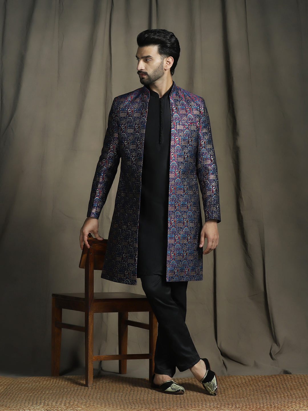 Zavaya Navy Blue Embroidery Jacquard Kurta Sherwani Pyjama Set for Men | Grocsy