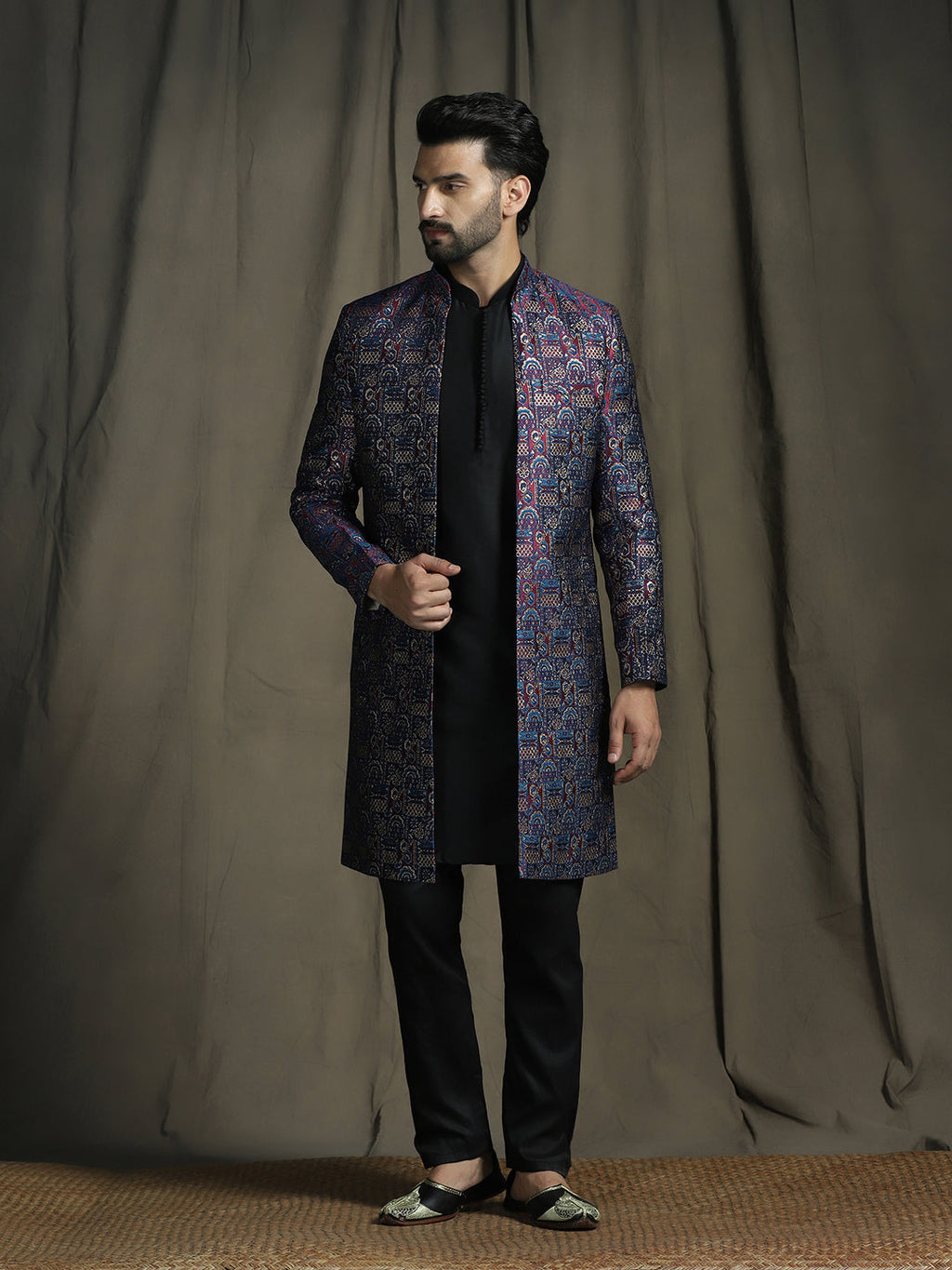 Zavaya Navy Blue Embroidery Jacquard Kurta Sherwani Pyjama Set for Men | Grocsy