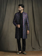 Zavaya Navy Blue Embroidery Jacquard Kurta Sherwani Pyjama Set for Men | Grocsy