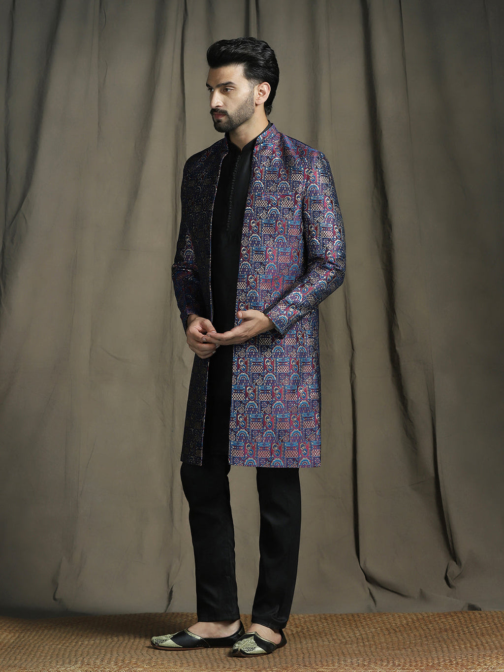 Zavaya Navy Blue Embroidery Jacquard Kurta Sherwani Pyjama Set for Men | Grocsy