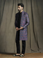Zavaya Navy Blue Embroidery Jacquard Kurta Sherwani Pyjama Set for Men | Grocsy