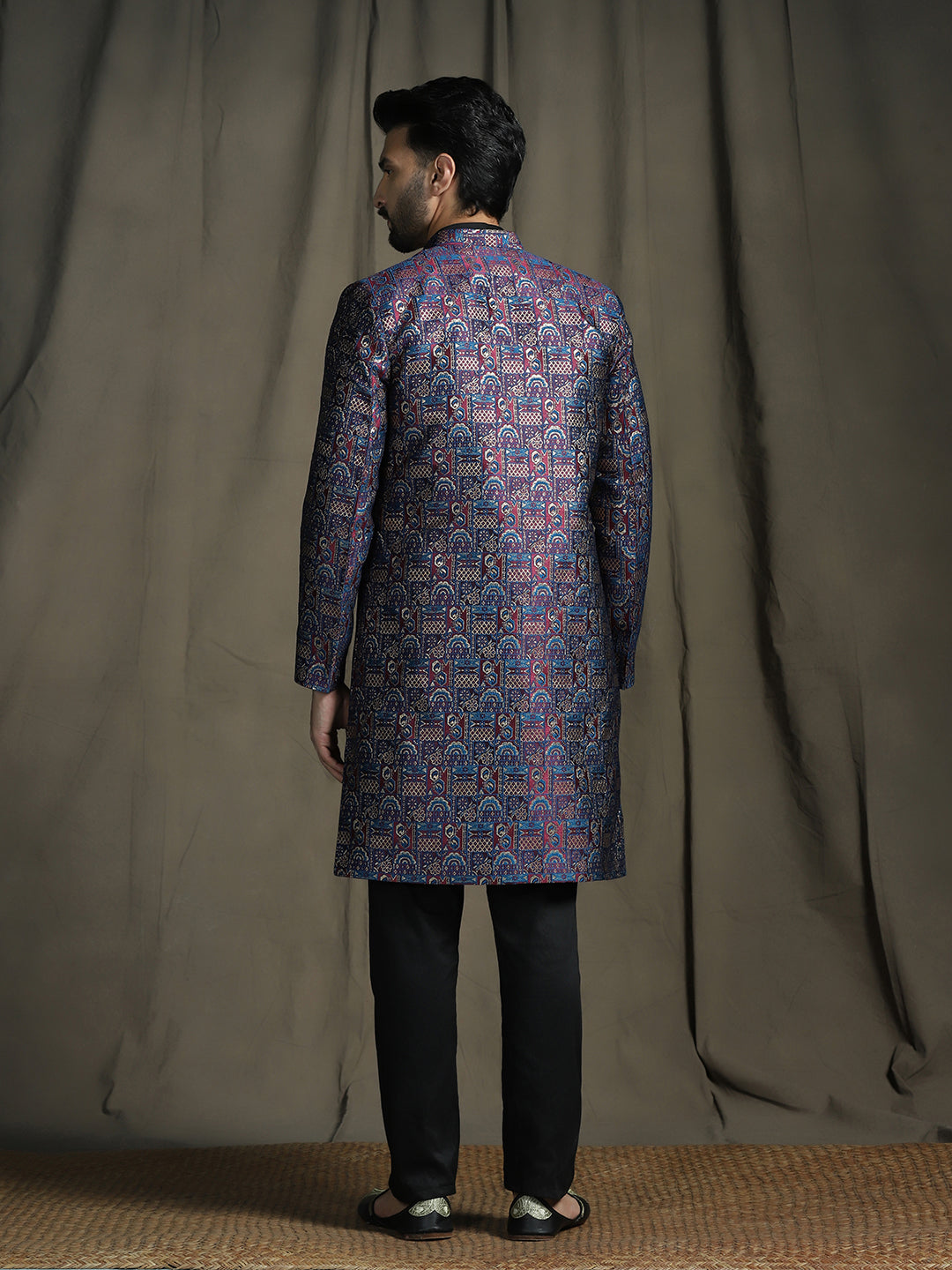 Zavaya Navy Blue Embroidery Jacquard Kurta Sherwani Pyjama Set for Men | Grocsy