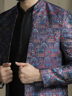 Zavaya Navy Blue Embroidery Jacquard Kurta Sherwani Pyjama Set for Men | Grocsy