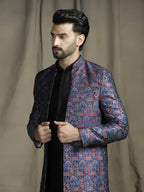 Zavaya Navy Blue Embroidery Jacquard Kurta Sherwani Pyjama Set for Men | Grocsy