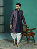 Zavaya Navy Blue Embroidery Jacquard Kurta Sherwani Dhoti Set for Men | Grocsy