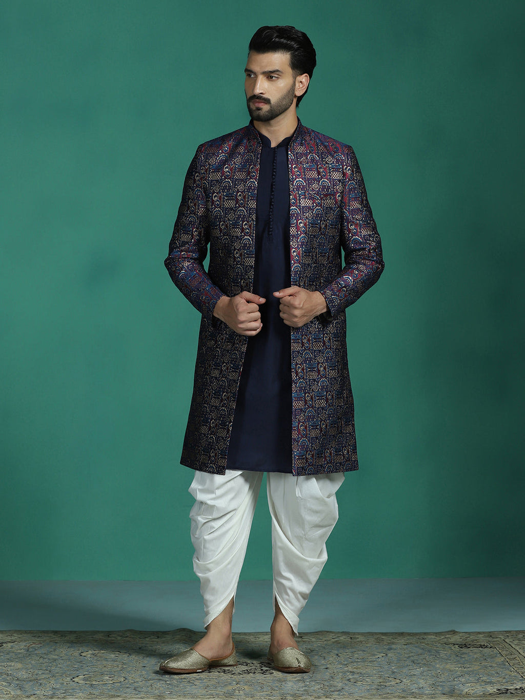 Zavaya Navy Blue Embroidery Jacquard Kurta Sherwani Dhoti Set for Men | Grocsy