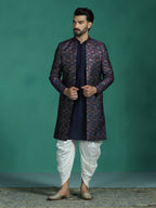 Zavaya Navy Blue Embroidery Jacquard Kurta Sherwani Dhoti Set for Men | Grocsy