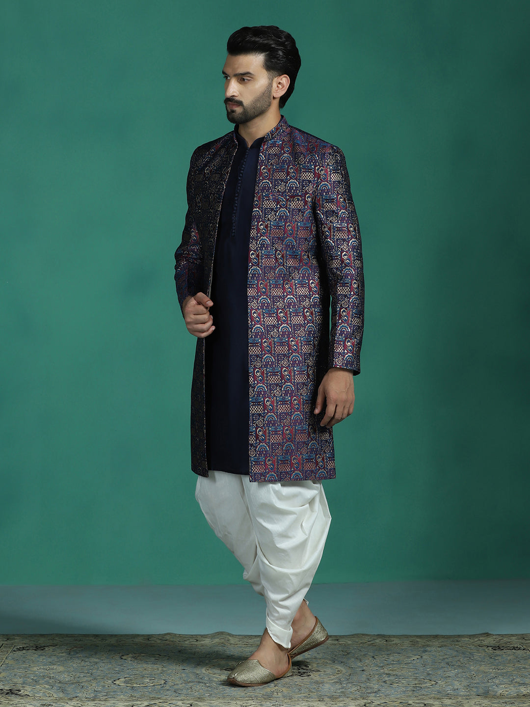 Zavaya Navy Blue Embroidery Jacquard Kurta Sherwani Dhoti Set for Men | Grocsy
