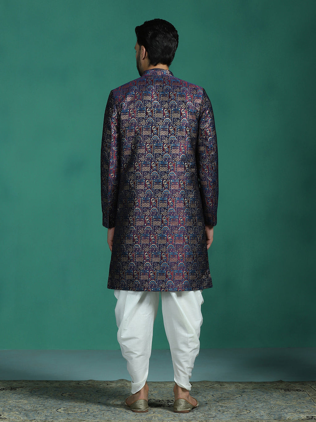 Zavaya Navy Blue Embroidery Jacquard Kurta Sherwani Dhoti Set for Men | Grocsy