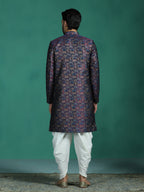 Zavaya Navy Blue Embroidery Jacquard Kurta Sherwani Dhoti Set for Men | Grocsy